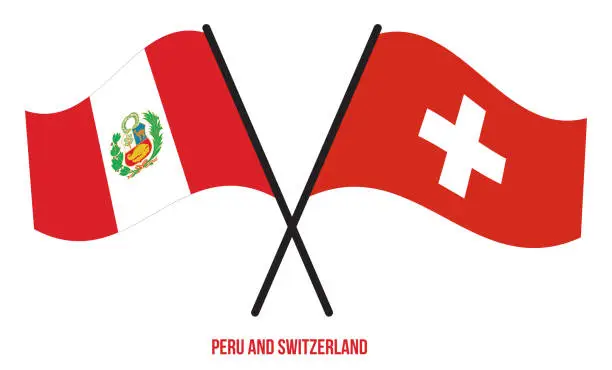 Vector illustration of Peru and Switzerland Flags Crossed And Waving Flat Style. Official Proportion. Correct Colors.