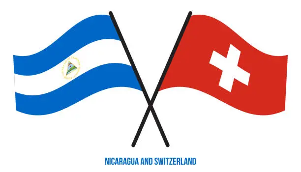 Vector illustration of Nicaragua and Switzerland Flags Crossed And Waving Flat Style. Official Proportion. Correct Colors.