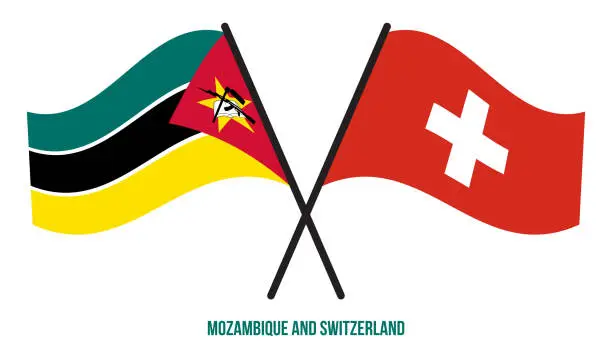 Vector illustration of Mozambique and Switzerland Flags Crossed And Waving Flat Style. Official Proportion. Correct Colors.