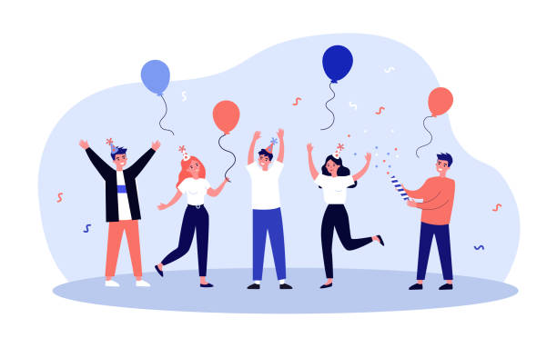 Cheerful friends having fun at birthday party Cheerful friends having fun at birthday party. Happy people dancing with air balloons and confetti. Excited office girls and guys celebrating success together happy people stock illustrations