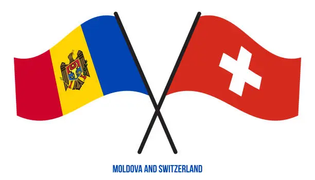Vector illustration of Moldova and Switzerland Flags Crossed And Waving Flat Style. Official Proportion. Correct Colors.