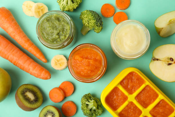 istock Composition with baby food on mint background, top view 1250667124