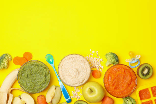 istock Composition with baby food on yellow background, top view 1250667345