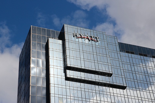 Hyatt hotel in Birmingham, UK. Hyatt Hotels Corporation was founded in 1957 and in 2014 had 587 properties.
