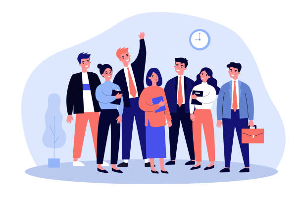 Happy business colleagues team portrait Happy business colleagues team portrait. Group of office employees standing together. Vector illustration for corporate staff, career, job, professionals concept friends laughing stock illustrations