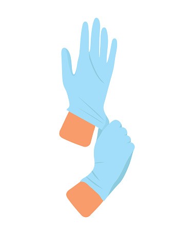 Hands in medical sterile rubber gloves. Illustration of safety measures against covid-19 virus. Person puts on gloves.