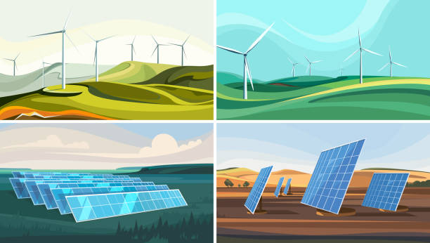 illustrations, cliparts, dessins animés et icônes de ensemble de paysages avec des parcs éoliens et des panneaux solaires. - énergie durable illustrations