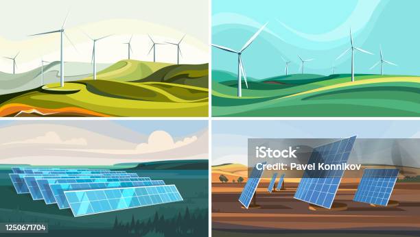 Set Di Paesaggi Con Parchi Eolici E Pannelli Solari - Immagini vettoriali stock e altre immagini di Turbina a vento