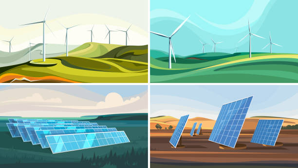 풍력 발전 단지와 태양 전지 판넬이있는 풍경 세트. - solar energy illustrations stock illustrations