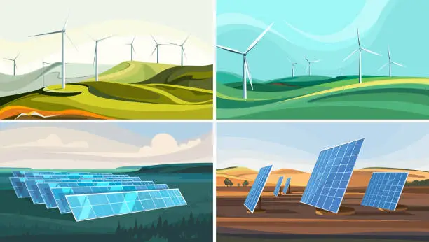 Vector illustration of Set of landscapes with wind farms and solar panels.