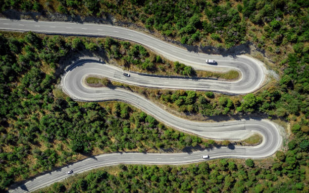 Curvy road with few traffic in dense green forest stock photo