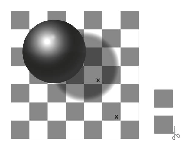 錯視。チェッカーシャドウイリュージョン。xマーク付きの2つの正方形は同じ灰色の色合いです。2つの余分な正方形を切り取り、比較し、チェックし、不思議に思います。 - shadowed点のイラスト素材／クリップアート素材／マンガ素材／アイコン素材
