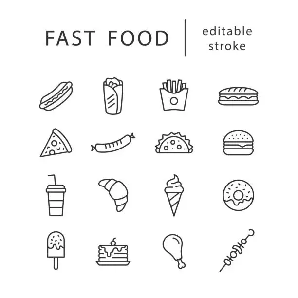 Vector illustration of Fast food - line icon set with editable stroke. Simple outline style design. Collection of junk food icons. Vector illustration.