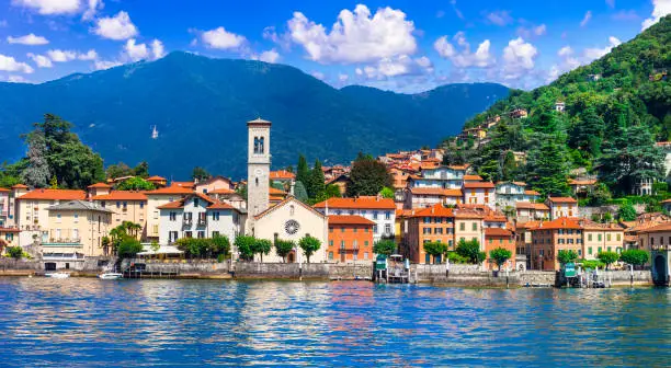 idyllic scenery of beautiful lake Lago di Como, Torno village. Lombradia, Italy