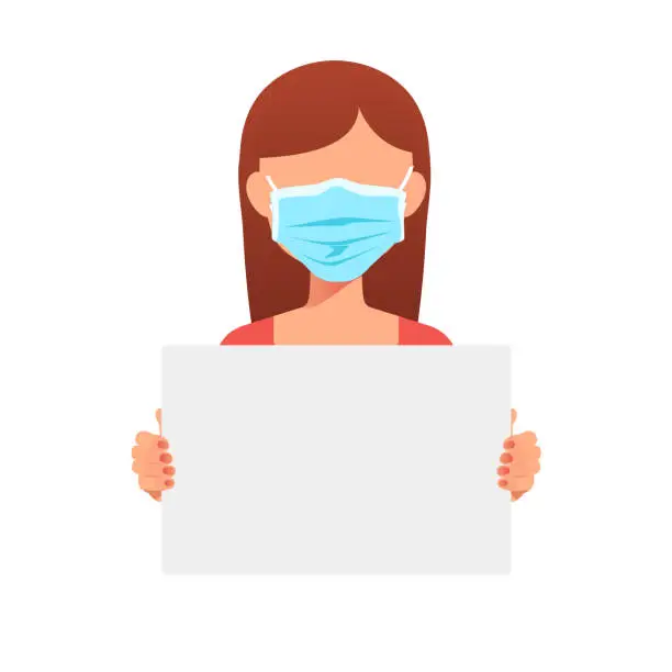 Vector illustration of Young female doctor in medical mask protesting banner, vector illustration isolated on white background. Pandemic protest concept.