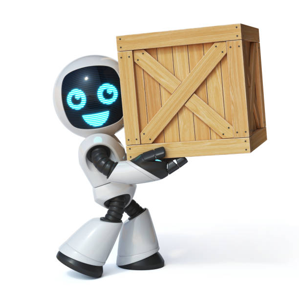 istock Little robot moving the wooden crate 3d rendering 1250677499