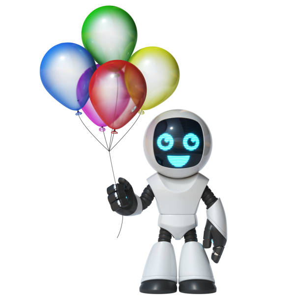 istock Little robot holding balloons, 3d rendering 1250677541