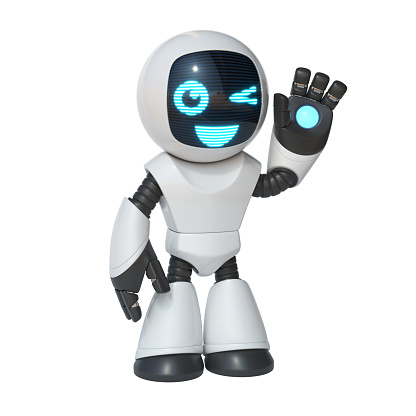 Pequeño robot agitando la mano, robot lindo aislado sobre fondo blanco, renderizado en 3D photo