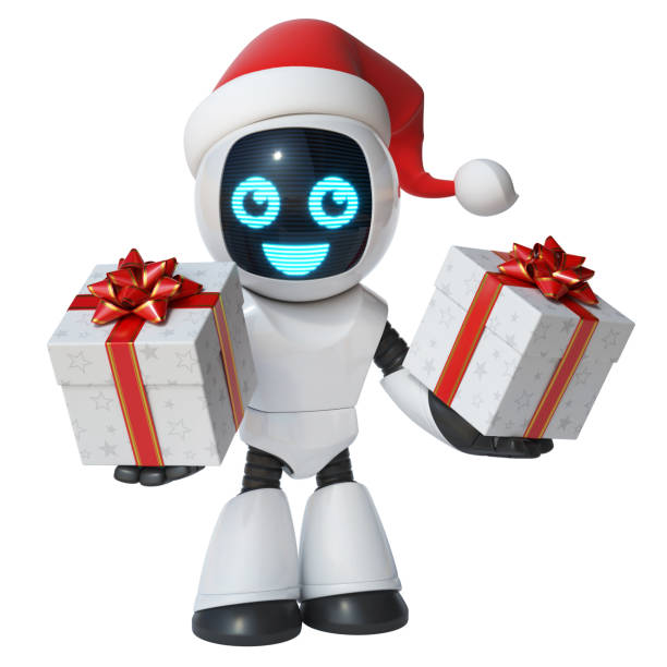 istock Little robot Santa Claus holding gift box 3d rendering 1250678164