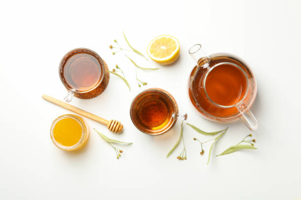istock Composition with linden tea on white background, top view. Natural tea 1250678186