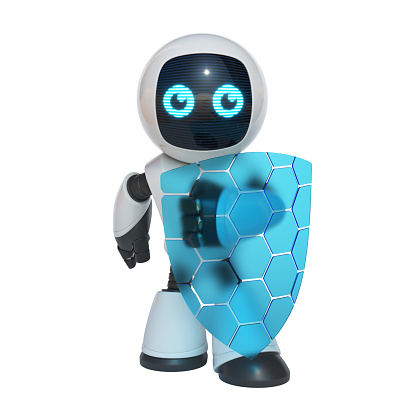 Little robot holding transparent shield, data security concept, 3d rendering isolated illustration