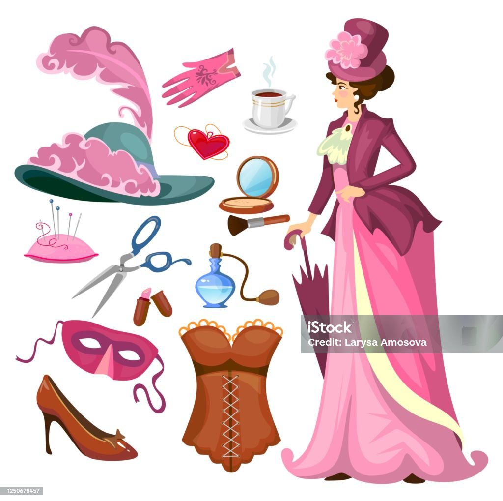 Ilustración de Colección De Moda De Mujer Victoriana En Estilo De Dibujos Animados Conjunto De Ropa Vintage Corsé Zapatos Sombrero Perfume Paraguas Kit De Costura Cosméticos Etc Accesorios De Moda Vintage Para Ilustración de Colección De Moda De Mujer Victoriana En Estilo De Dibujos Animados Conjunto De Ropa Vintage Corsé Zapatos Sombrero Perfume Paraguas Kit De Costura Cosméticos Etc Accesorios De Moda Vintage Para