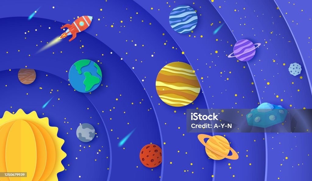 Solar System Model In Paper Cut Style Round Layers Galaxy Space With Cartoon  Planets Red Polygonal Rocket Comets And Origami Ufo 3d Vector Background  With Flying Saucer In Starry Night Sky Stock