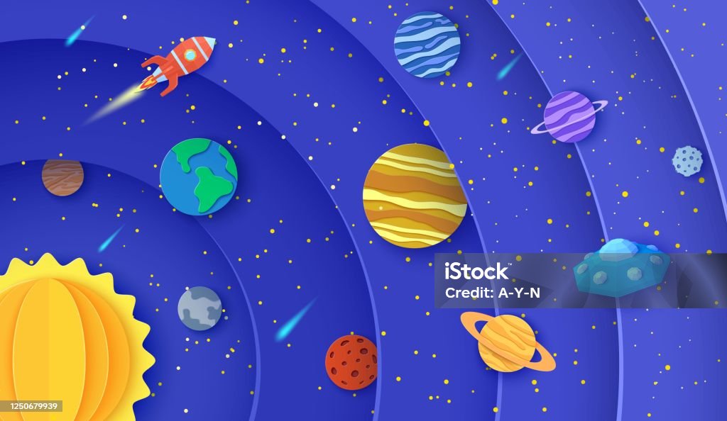 Solar System Model In Paper Cut Style Round Layers Galaxy Space With Cartoon Planets Red Polygonal Rocket Comets And Origami Ufo 3d Vector Background With Flying Saucer In Starry Night Sky Stock Solar System Model In Paper Cut Style Round Layers Galaxy Space With Cartoon Planets Red Polygonal Rocket Comets And Origami Ufo 3d Vector Background With Flying Saucer In Starry Night Sky Stock