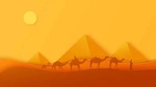 Vector illustration of Traditional caravan walking throw egyptian desert in papercut style. Cutout craft background panorama of ancient pyramids. Vector abstract paper cut sunset with riding camel people. Wild life desert.
