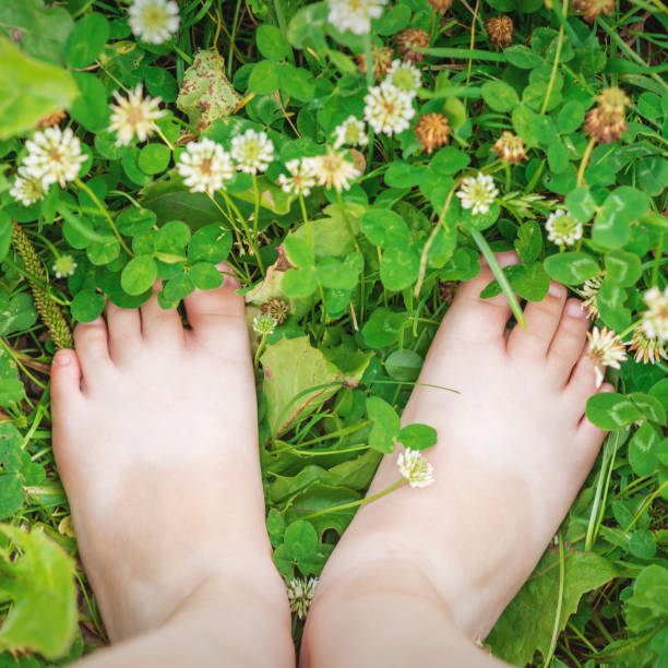istock Baby feet barefoot on green grass 1250680429