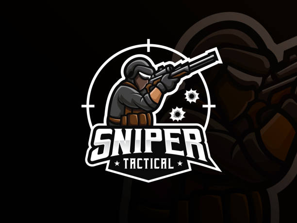ilustrações, clipart, desenhos animados e ícones de design de logotipo esportivo do mascote sniper mascote - sniper rifle army soldier aiming