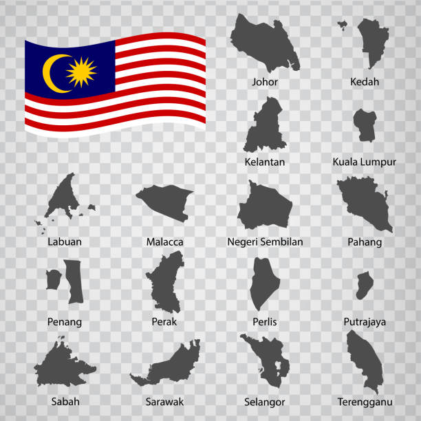 szesnaście map państw malezja - kolejność alfabetyczna z nazwą. każda mapa stanu jest wymieniona i odizolowana za pomocą sformułowań i tytułów. malezja. azja. eps10. - alphabetical order obrazy stock illustrations