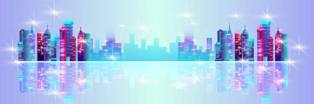 istock Horizontal neon city background with skyscrapers, modern city night view, cityscape, reflections. 1250690586