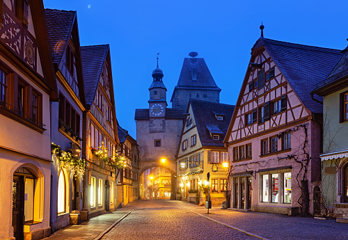 Night view of Christmas decorated Rothenburg ob der Tauber, Bavaria, Germany