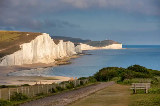 A view of the white cliffs of Southern England.The Seven Sisters white cliffs ,East Sussex, England