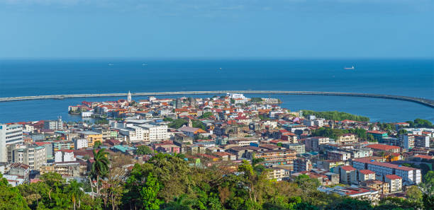 Panama City Panorama, Panama Panorama of the Casco Viejo Old Quarter, the historic city center of Panama City with the Interoceanic Highway in the background, Panama. casco viejo photos stock pictures, royalty-free photos & images