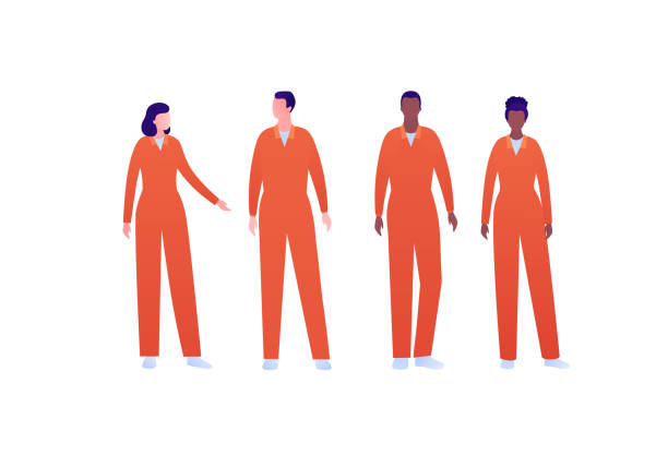 Police security character concept. Vector flat person illustration set. Group of multi-ethnic people. Arrested convict in orange jumpsuit uniform. Design element for banner, poster, infographic, web. Police security character concept. Vector flat person illustration set. Group of multi-ethnic people. Arrested convict in orange jumpsuit uniform. Design element for banner, poster, infographic, web. jumpsuit stock illustrations
