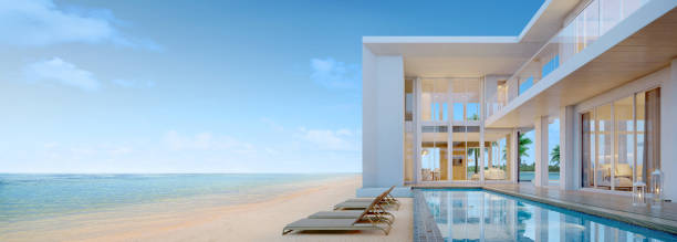 vista sul mare. casa sulla spiaggia moderna di lusso.3d rendering - swimming pool luxury mansion holiday villa foto e immagini stock