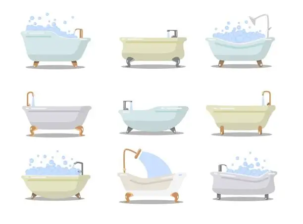 Vector illustration of Set of various luxury bath tubes with water