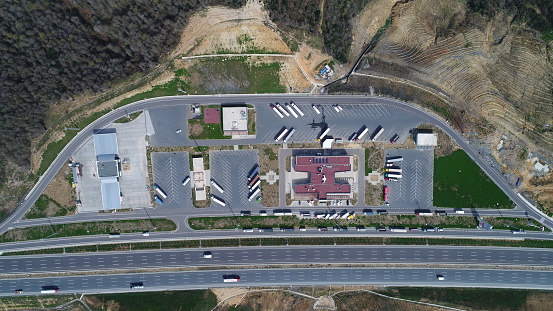 Aerial shoot truck park.