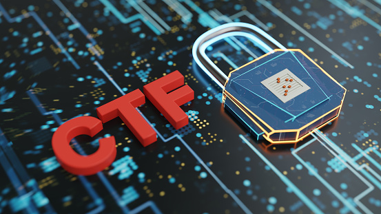 Capture the flag (CTF) - 3d rendered abstract background image of CTF single word. Hackers competition. Cyber security, innovative technologies, data protection concept. Art Poster.