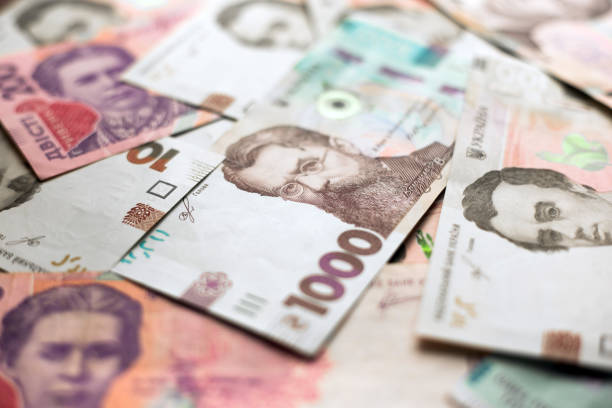 un par de billetes ucranianos. - ukraine hryvnia currency paper currency fotografías e imágenes de stock