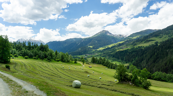 View of an alpine mountain landscape with farm fields and hay bales in the Swiss Alps above Andeer village