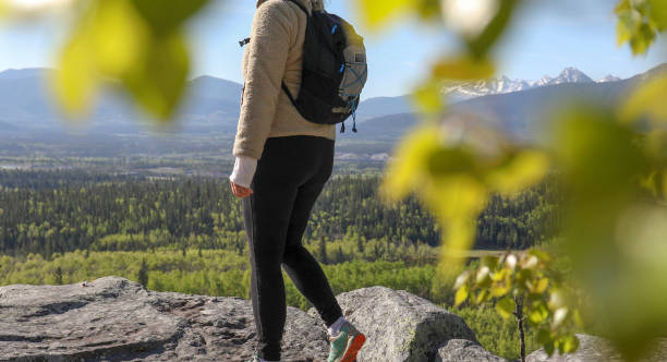 istock Female hiker relaxes on mountain ridge 1250707953