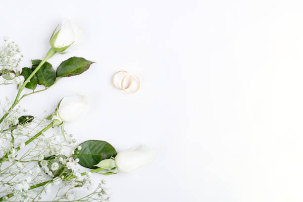 istock pink rose and wedding rings over white background 1250709532