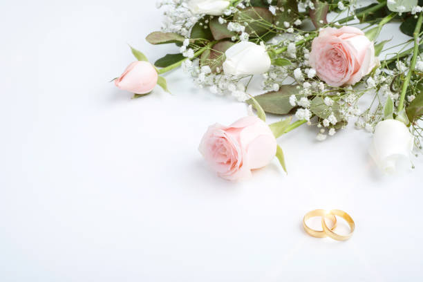 istock pink rose and wedding rings over white background 1250709616