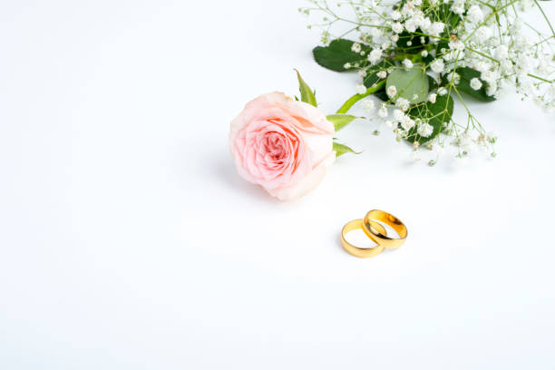 istock pink rose and wedding rings over white background 1250709771