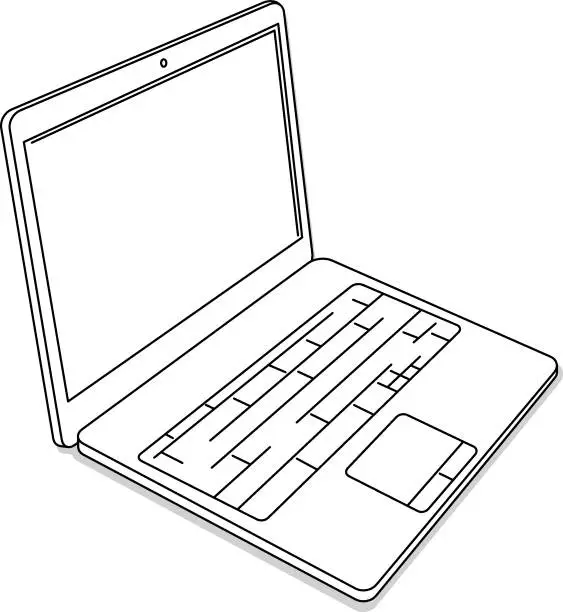Vector illustration of Black and white laptop. Black outline and white filling on transparent background.