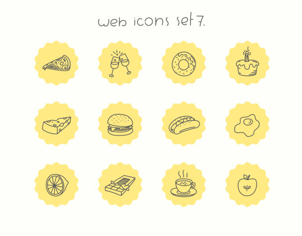 낙서 벡터 아이콘은 흰색으로 격리되어 설정됩니다. 웹 아이콘은 7을 설정합니다. 식사 및 음료 - application software food pizza cheese stock illustrations