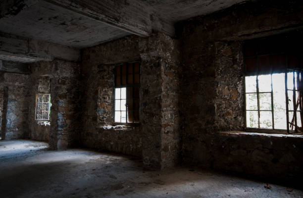 istock Empty abandoned room with bright light entering the windows 1250711633